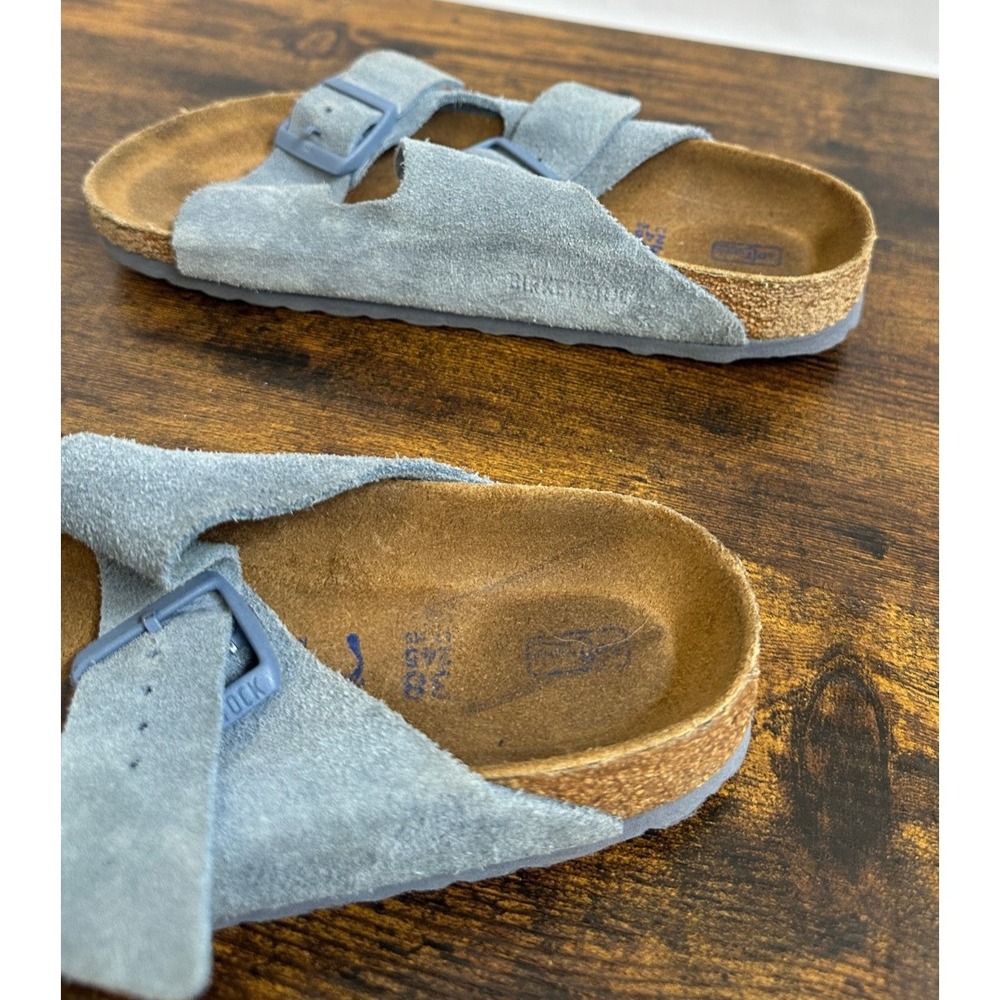 Birkenstock Arizona Soft Footbed Suede Sandals Buckle Blue Slides Size 38 L7 M9 - Picture 10 of 14
